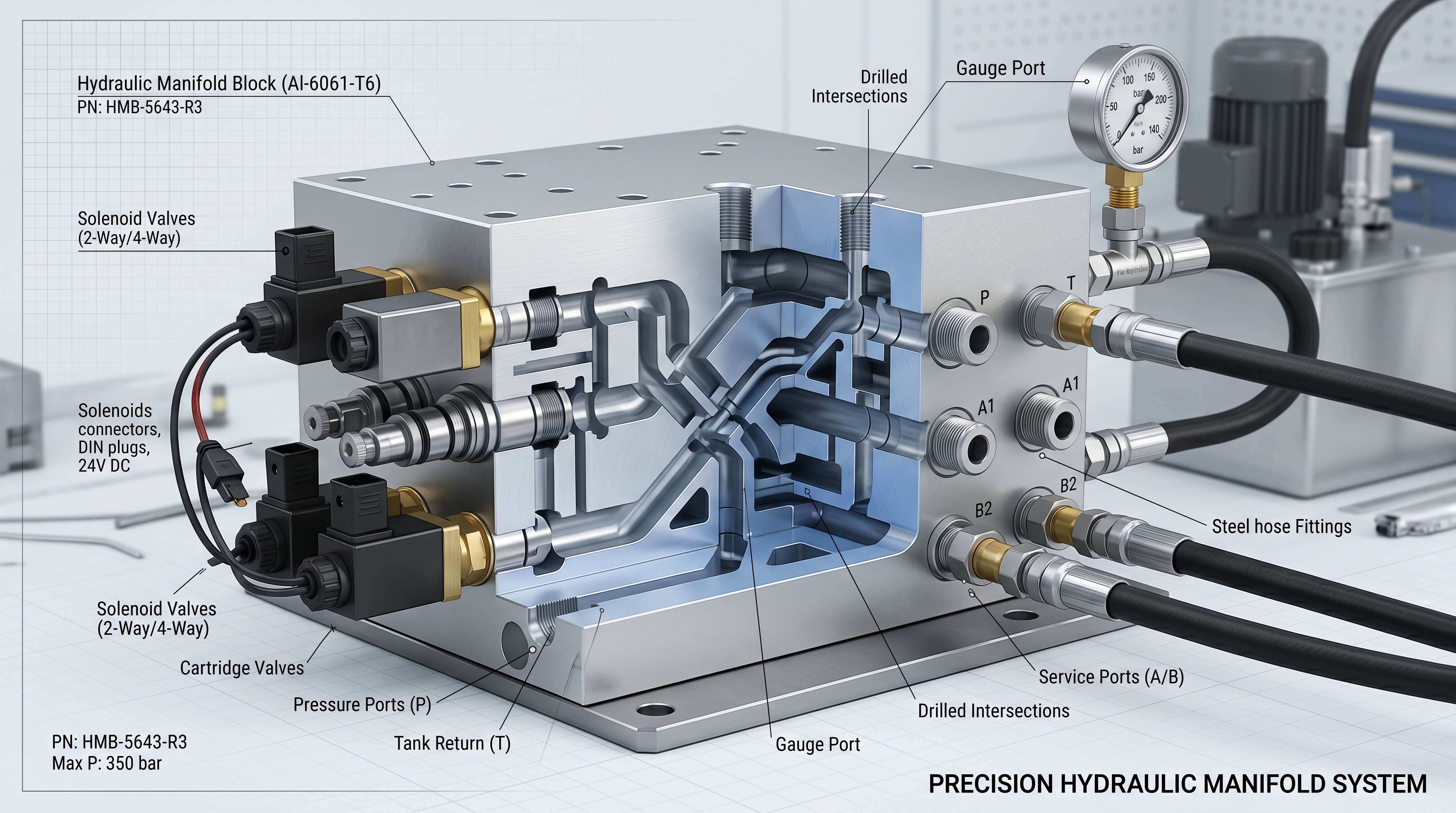 Cutaway hydraulic manifold block showing internal drilled passages, cartridge valves, pressure ports, tank return and service ports